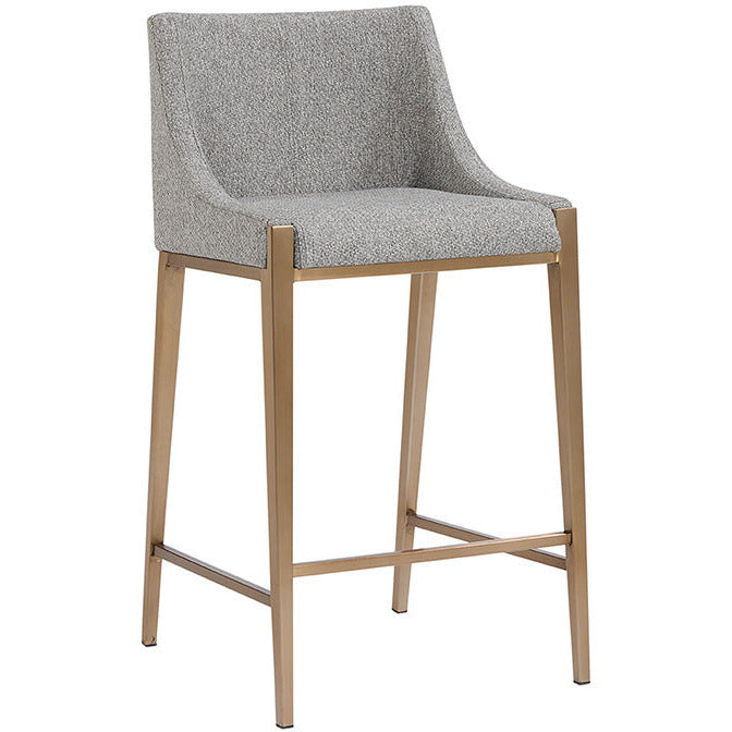 Tabouret de bar moderne en tissu et laiton avec assise texturée et rembourrée pour cuisine et salle à manger