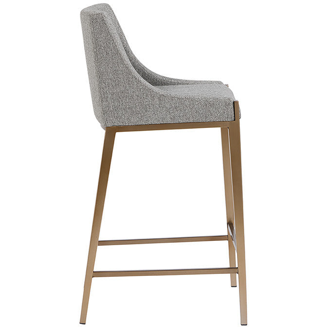 Tabouret de bar moderne en tissu et laiton avec assise texturée et rembourrée pour cuisine et salle à manger
