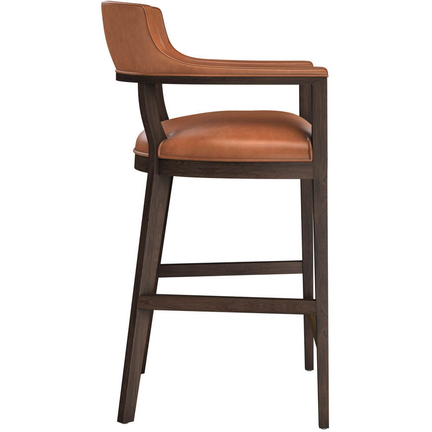 Tabouret de bar mi-siècle en cuir et chêne avec dossier ouvert et structure apparente pour cuisine et salle à manger