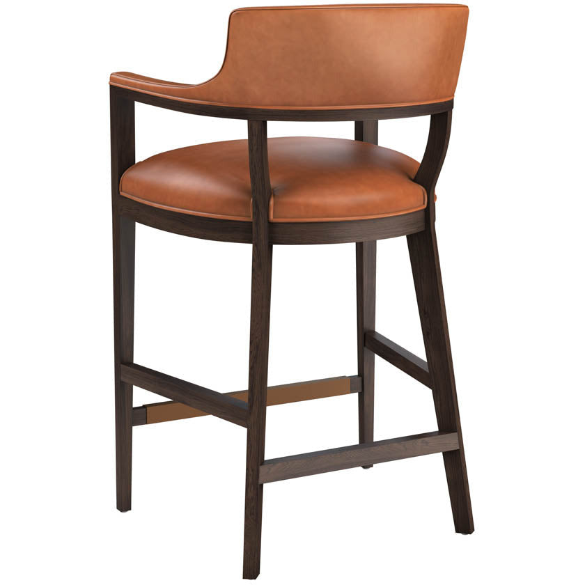 Tabouret de bar mi-siècle en cuir et chêne avec dossier ouvert et structure apparente pour cuisine et salle à manger