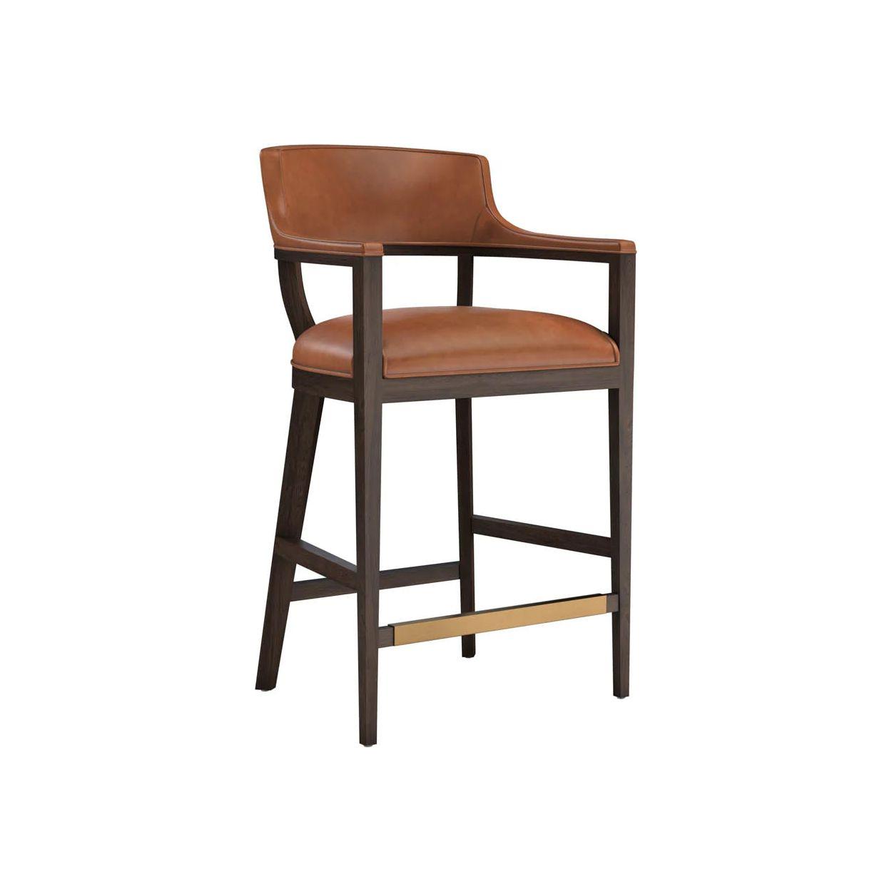 Tabouret de bar mi-siècle en cuir et chêne avec dossier ouvert et structure apparente pour cuisine et salle à manger