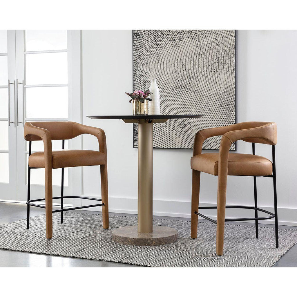 Tabouret de comptoir contemporain en cuir et métal avec accoudoirs et cadre thermolaqué pour cuisine et salle à manger