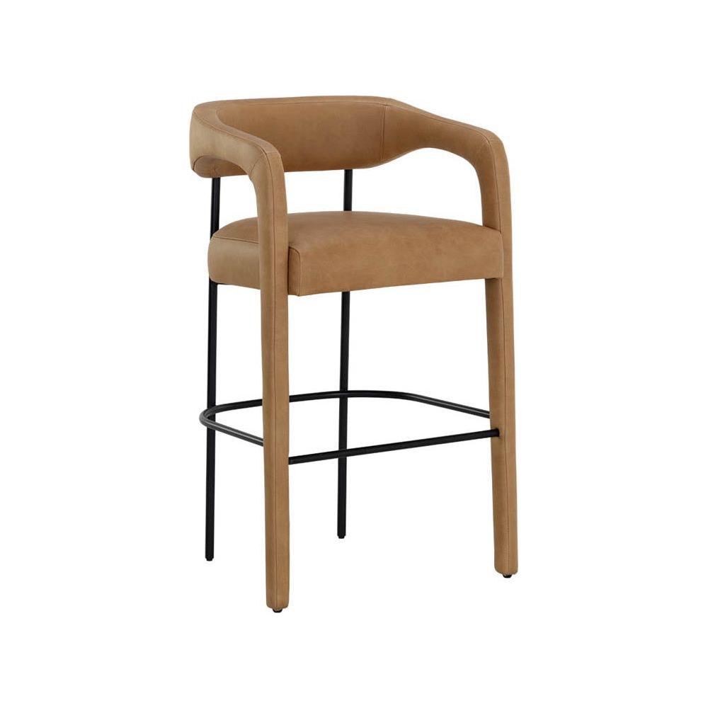 Tabouret de bar moderne en cuir et métal avec accoudoirs et cadre noir mat pour cuisine et salle à manger