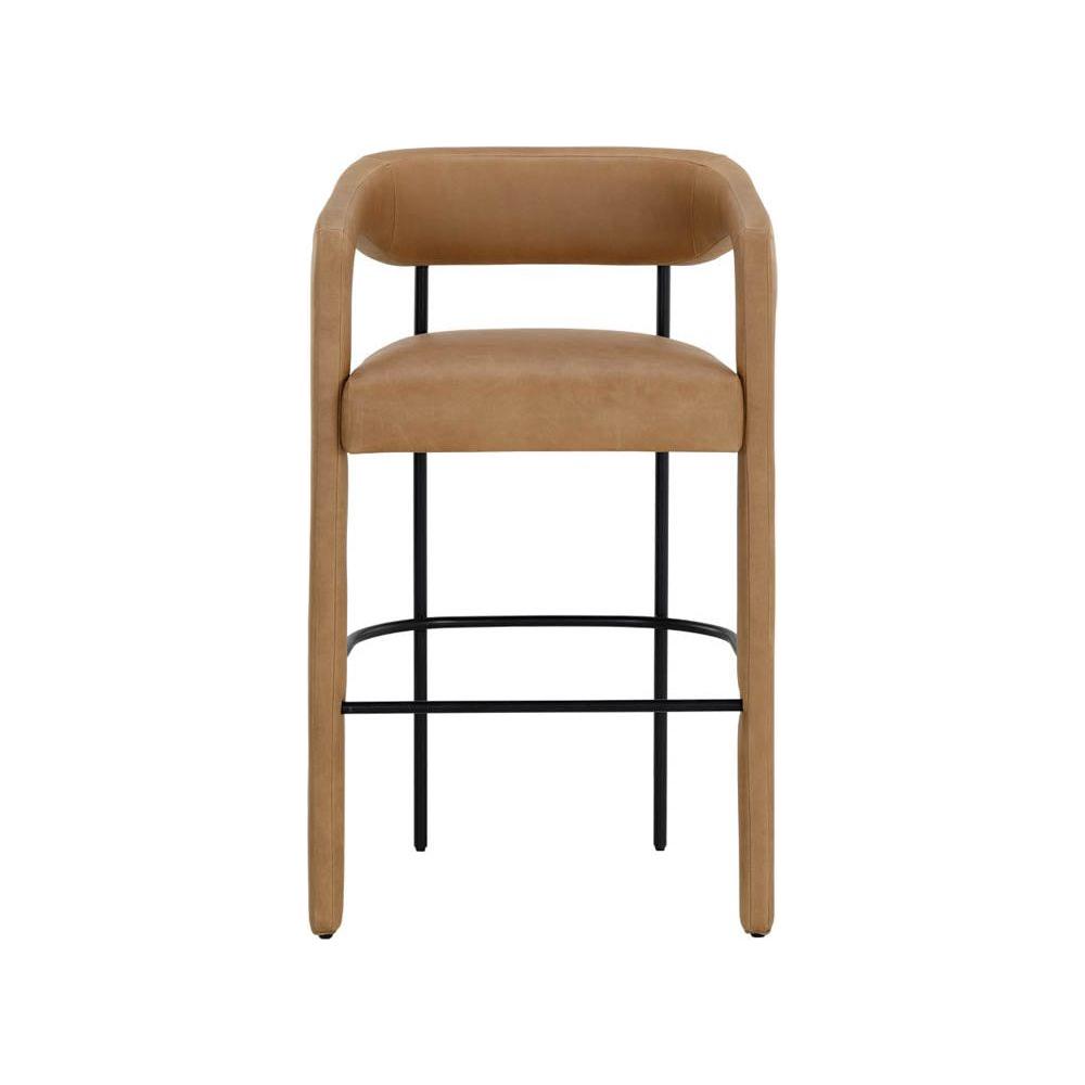 Tabouret de bar moderne en cuir et métal avec accoudoirs et cadre noir mat pour cuisine et salle à manger