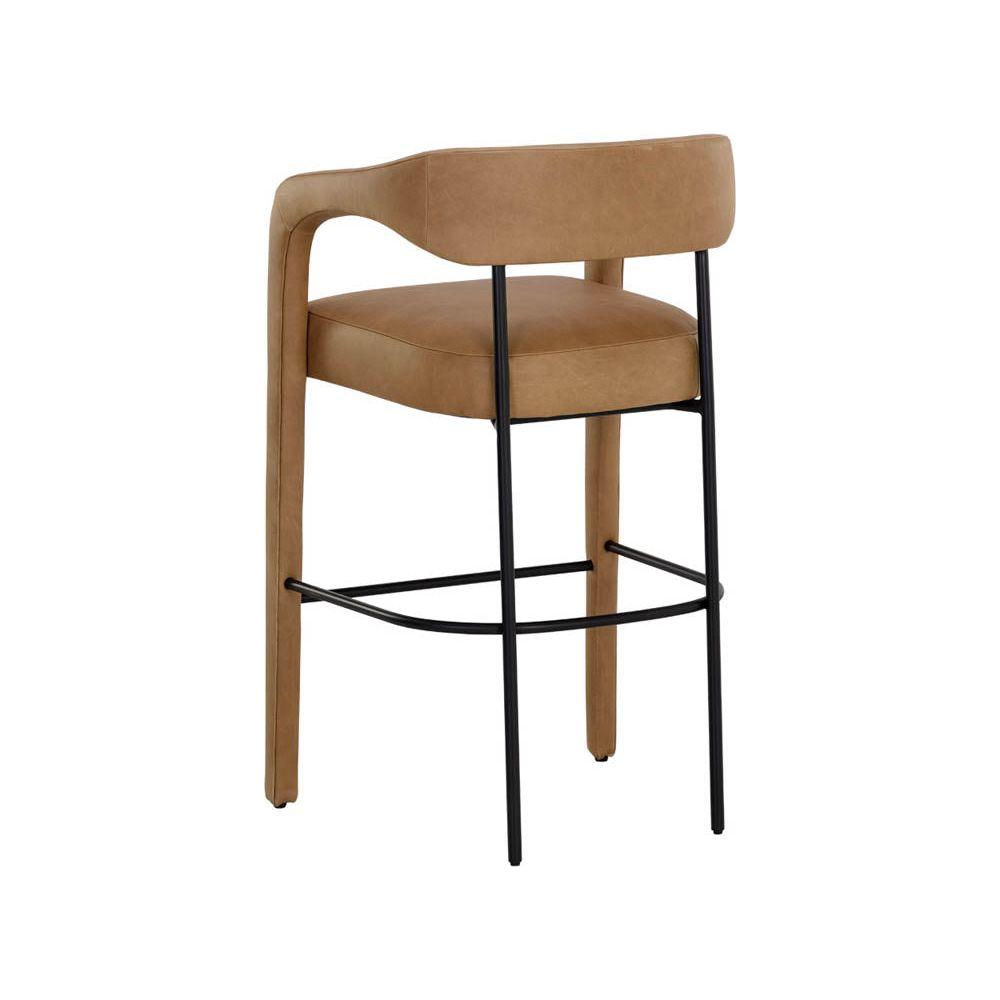 Tabouret de bar moderne en cuir et métal avec accoudoirs et cadre noir mat pour cuisine et salle à manger
