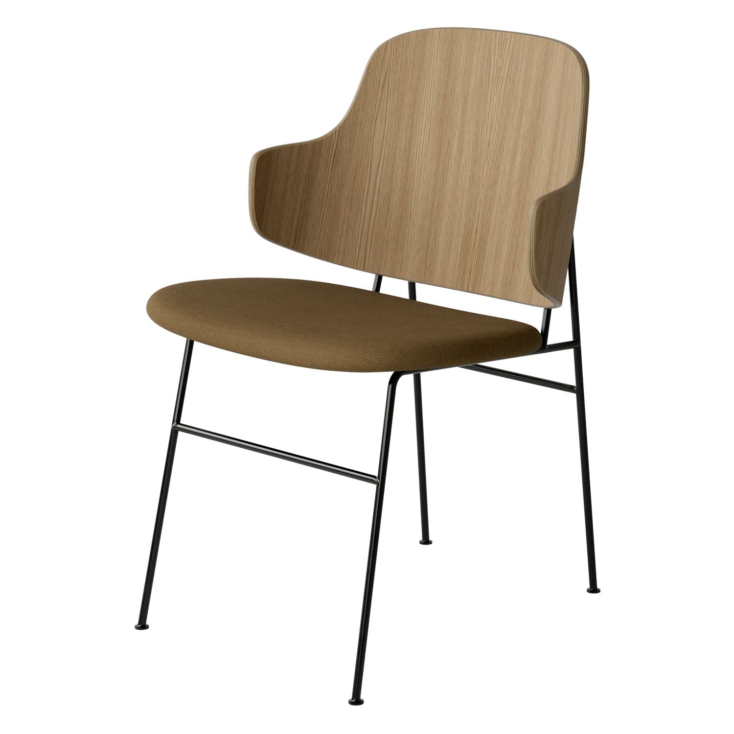 Chaise de salle à manger en chêne et laine Mid-Century avec dossier organique en forme de coque pour salle à manger