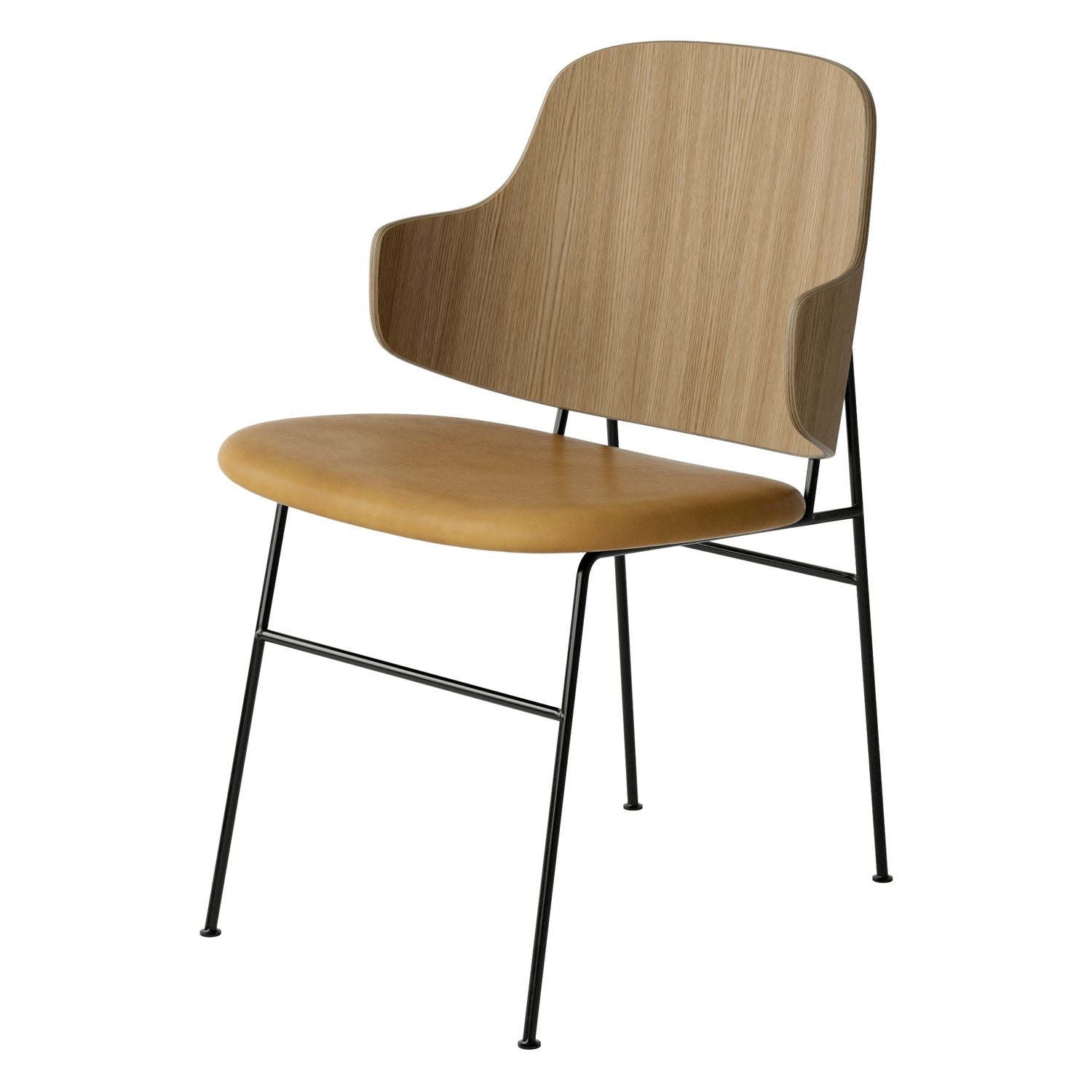 Chaise de salle à manger en chêne et laine Mid-Century avec dossier organique en forme de coque pour salle à manger