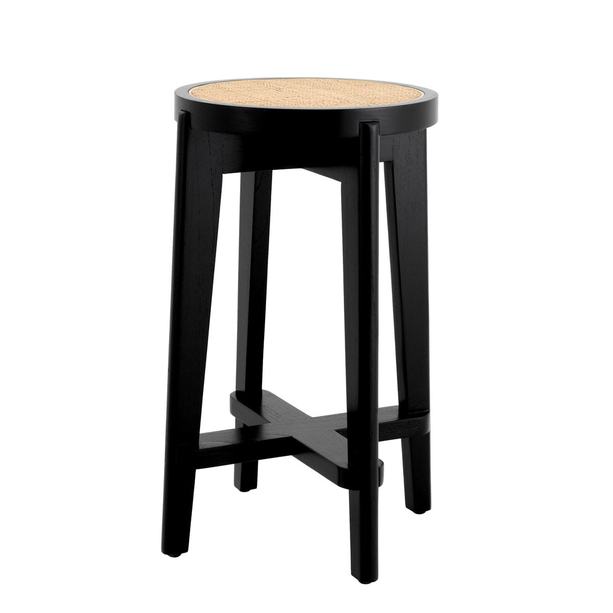 Tabouret de comptoir minimaliste en bois et rotin avec traverse en H pour cuisine et salle à manger