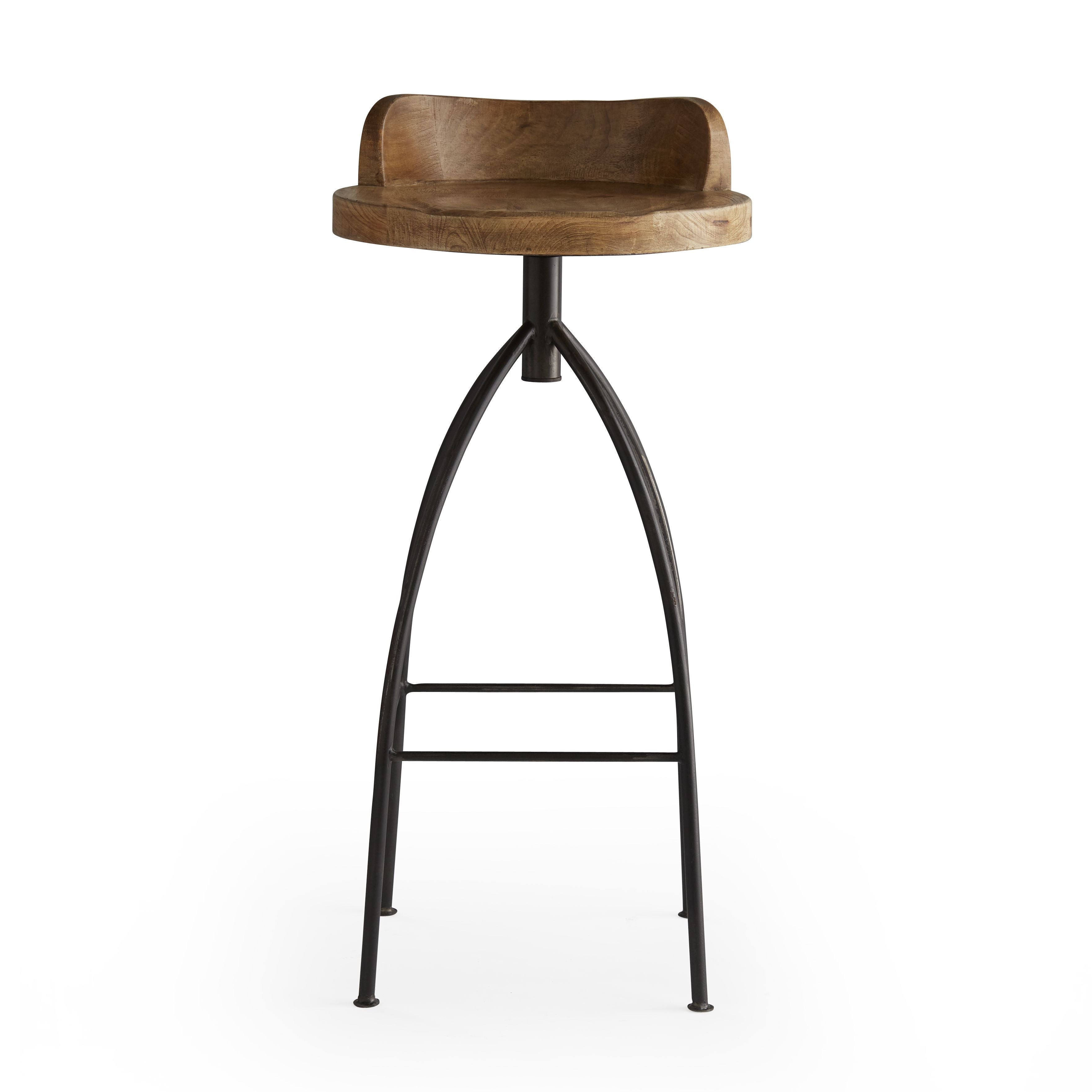 Tabouret de bar pivotant industriel en fer et bois avec finition en cire naturelle pour cuisine et salle à manger
