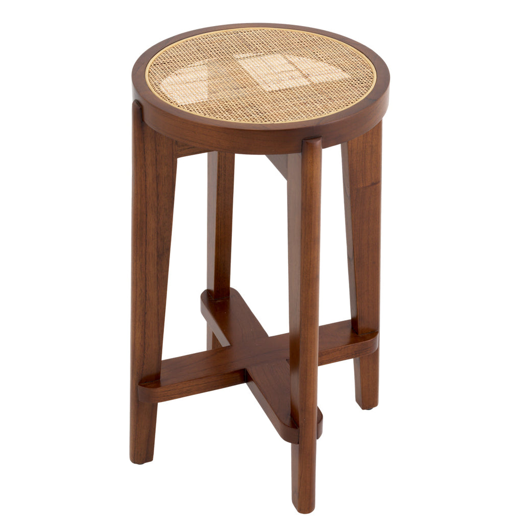 Tabouret de comptoir minimaliste en bois et rotin avec traverse en H pour cuisine et salle à manger