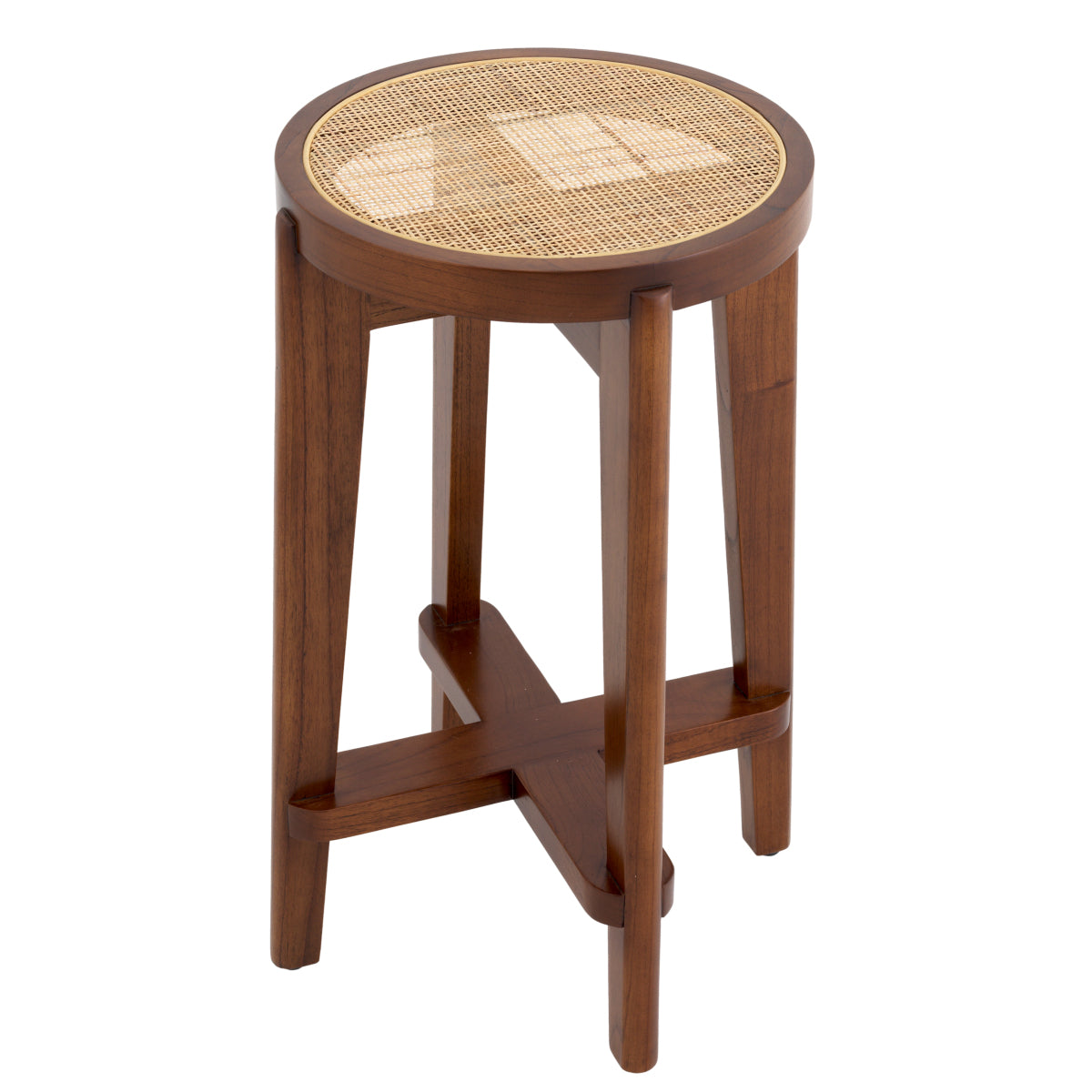 Tabouret de comptoir minimaliste en bois et rotin avec traverse en H pour cuisine et salle à manger