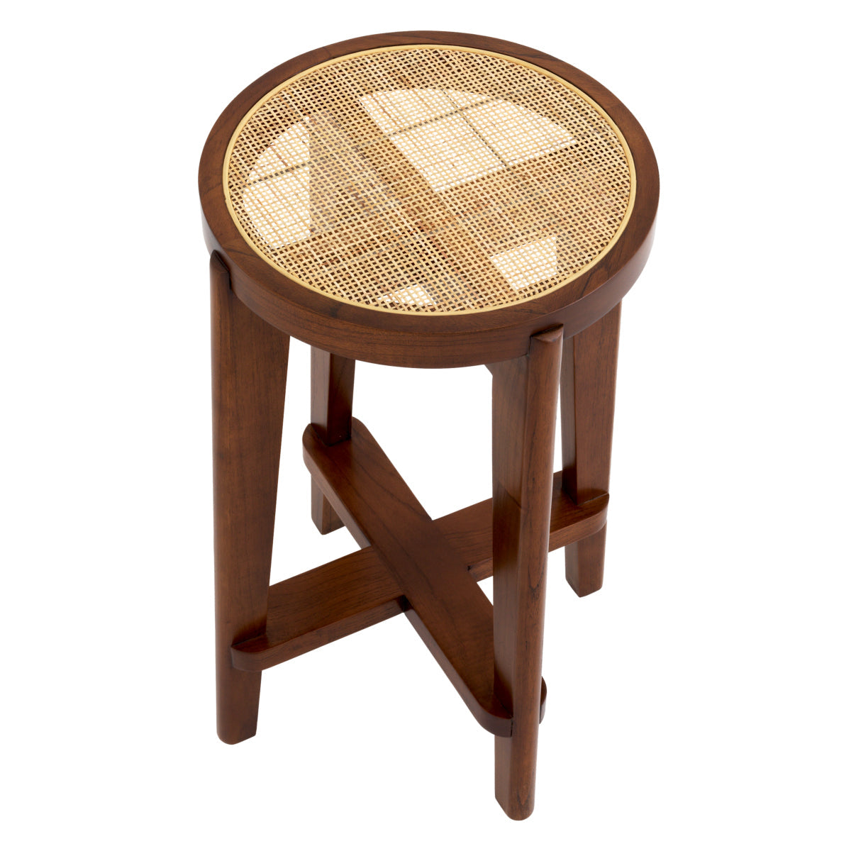 Tabouret de comptoir minimaliste en bois et rotin avec traverse en H pour cuisine et salle à manger