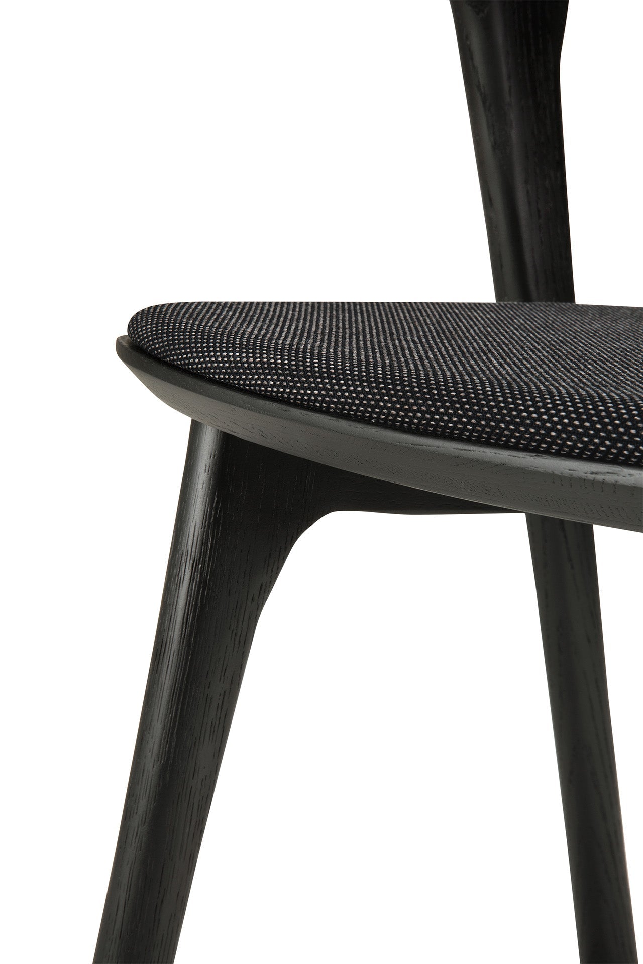 Chaise de salle à manger sculpturale en chêne et tissu avec assise rembourrée