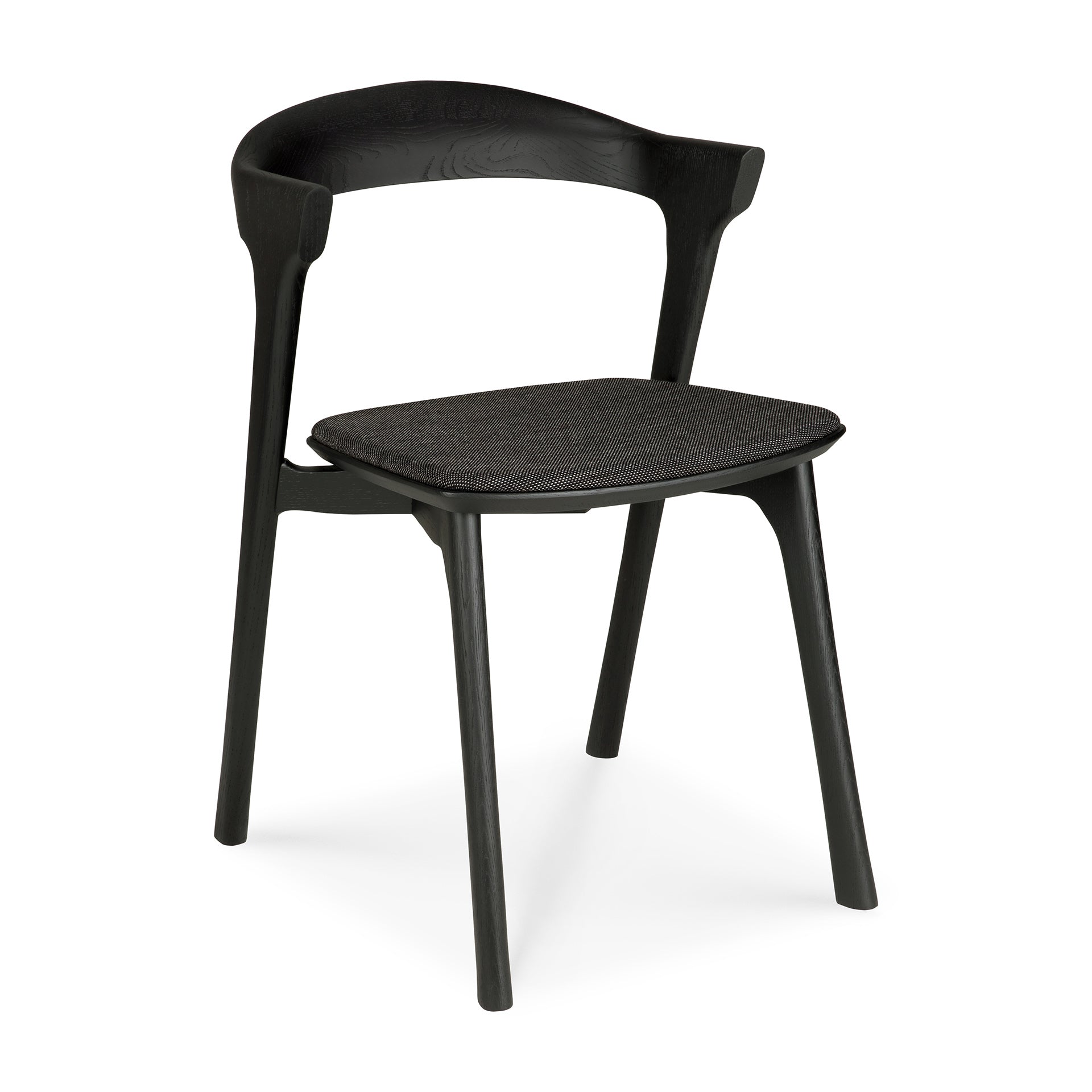 Chaise de salle à manger sculpturale en chêne et tissu avec assise rembourrée