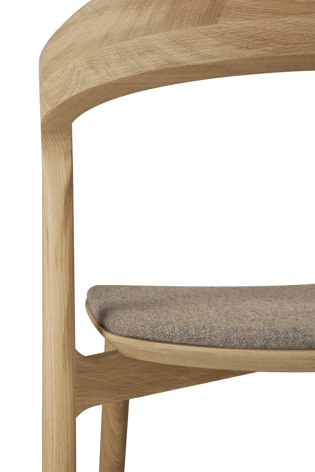 Chaise de salle à manger sculpturale en chêne et tissu avec assise rembourrée