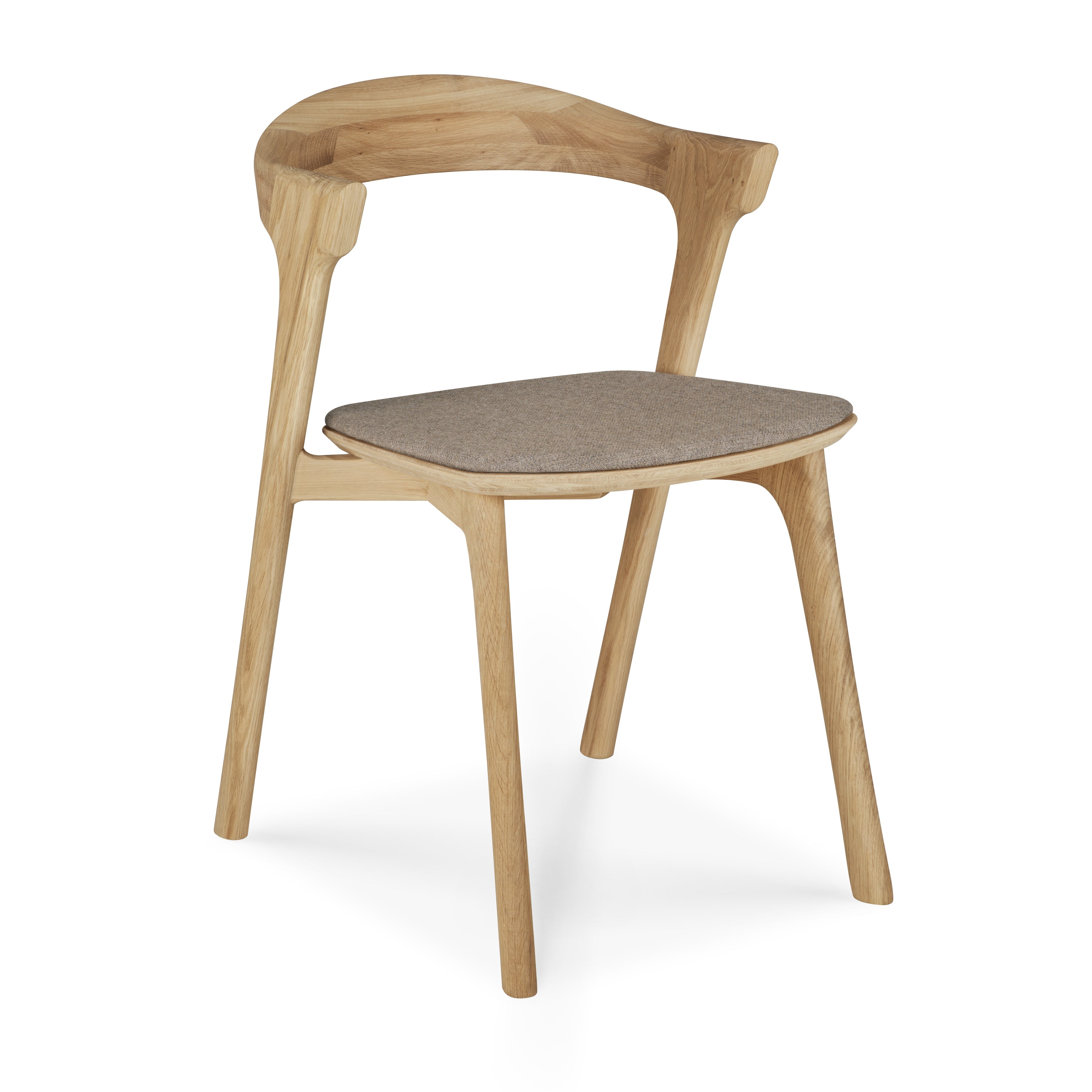 Chaise de salle à manger sculpturale en chêne et tissu avec assise rembourrée