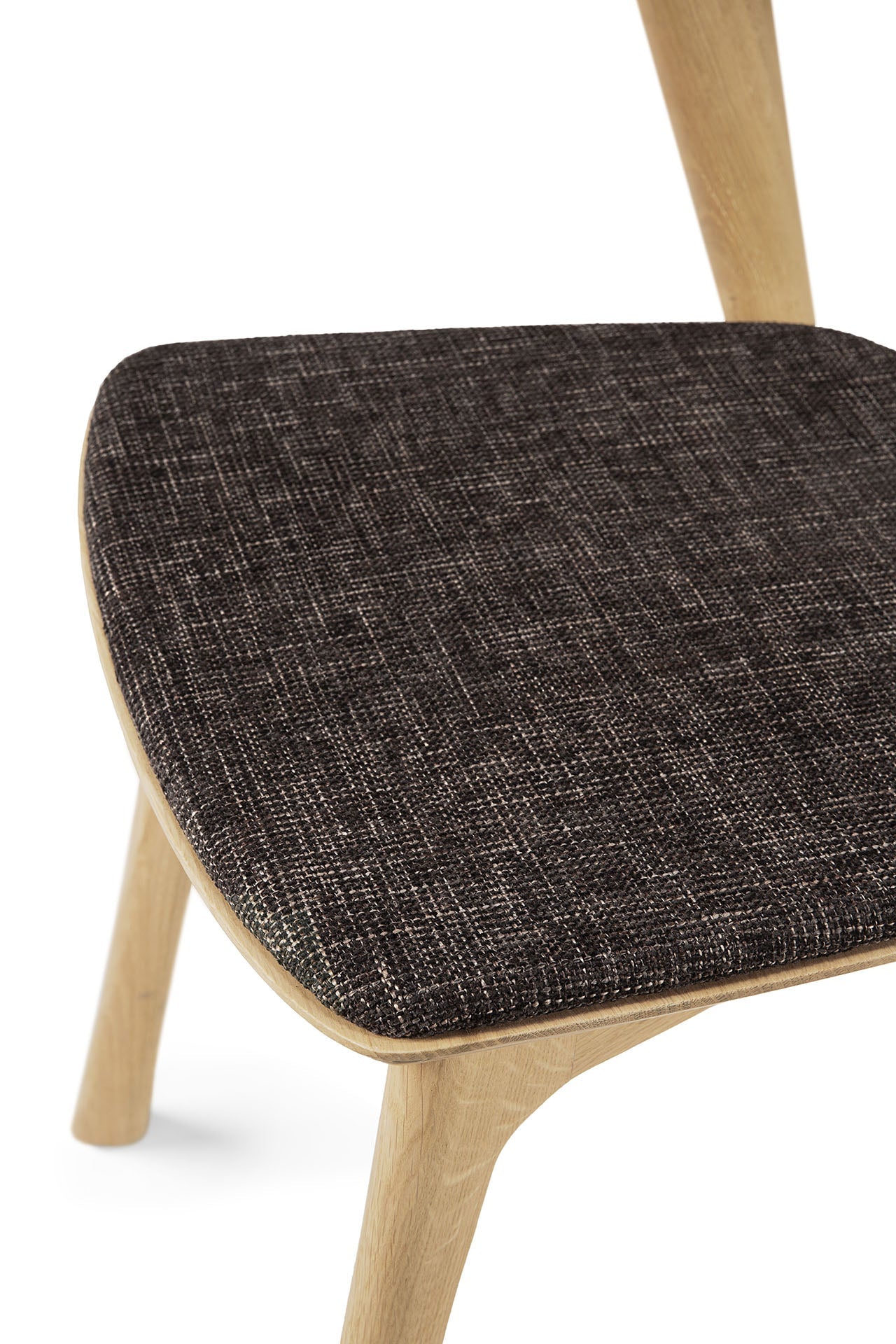 Chaise de salle à manger sculpturale en chêne et tissu avec assise rembourrée