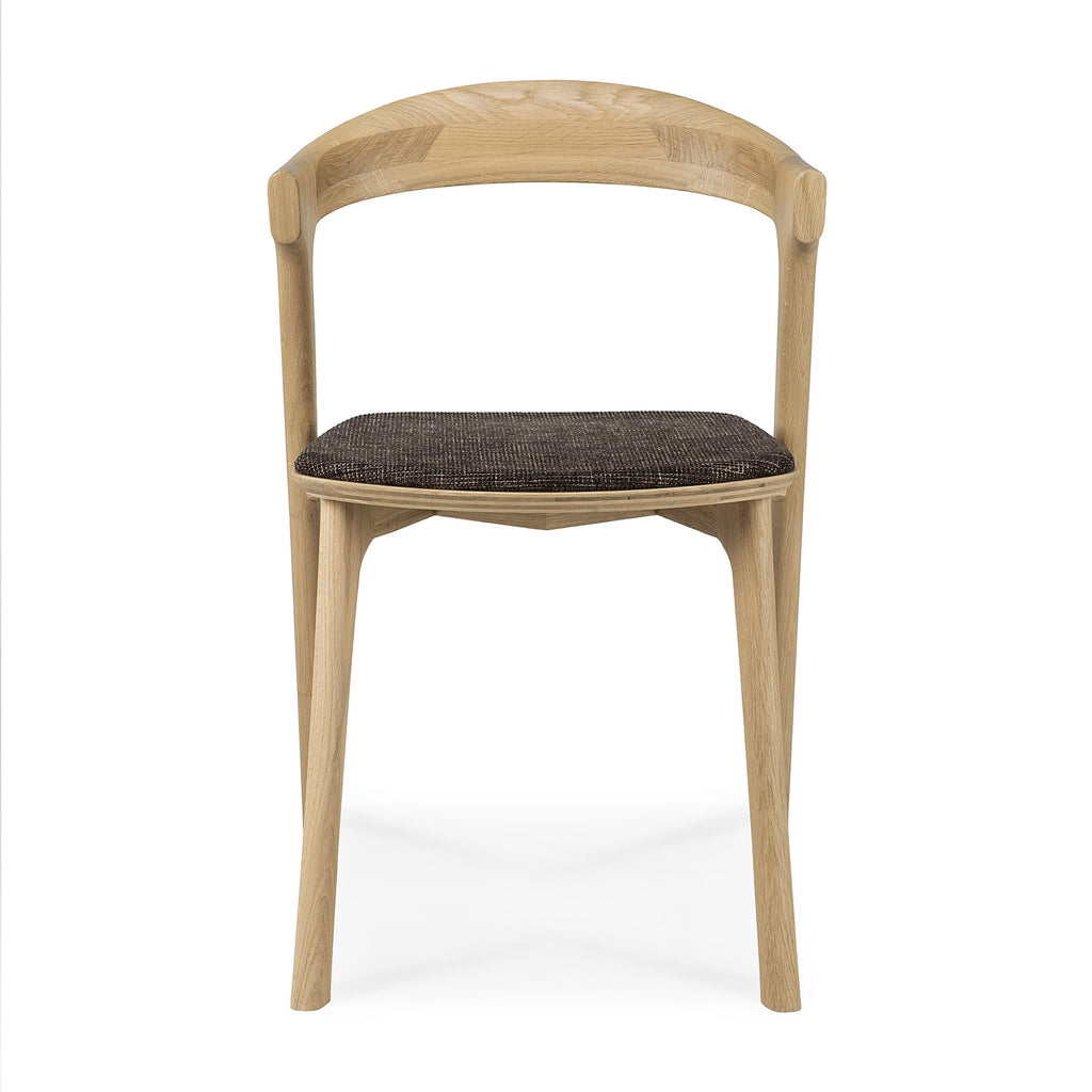 Chaise de salle à manger sculpturale en chêne et tissu avec assise rembourrée