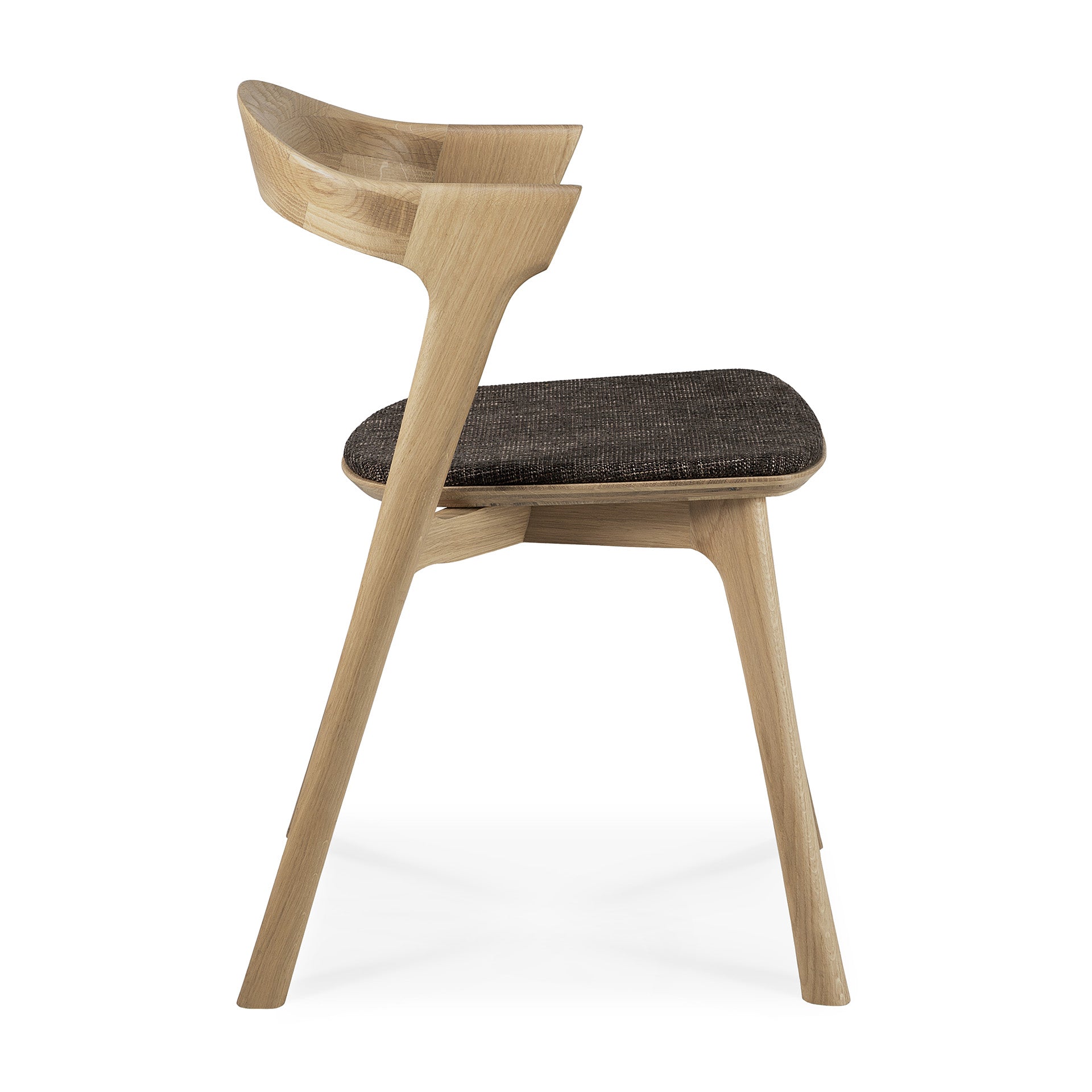 Chaise de salle à manger sculpturale en chêne et tissu avec assise rembourrée