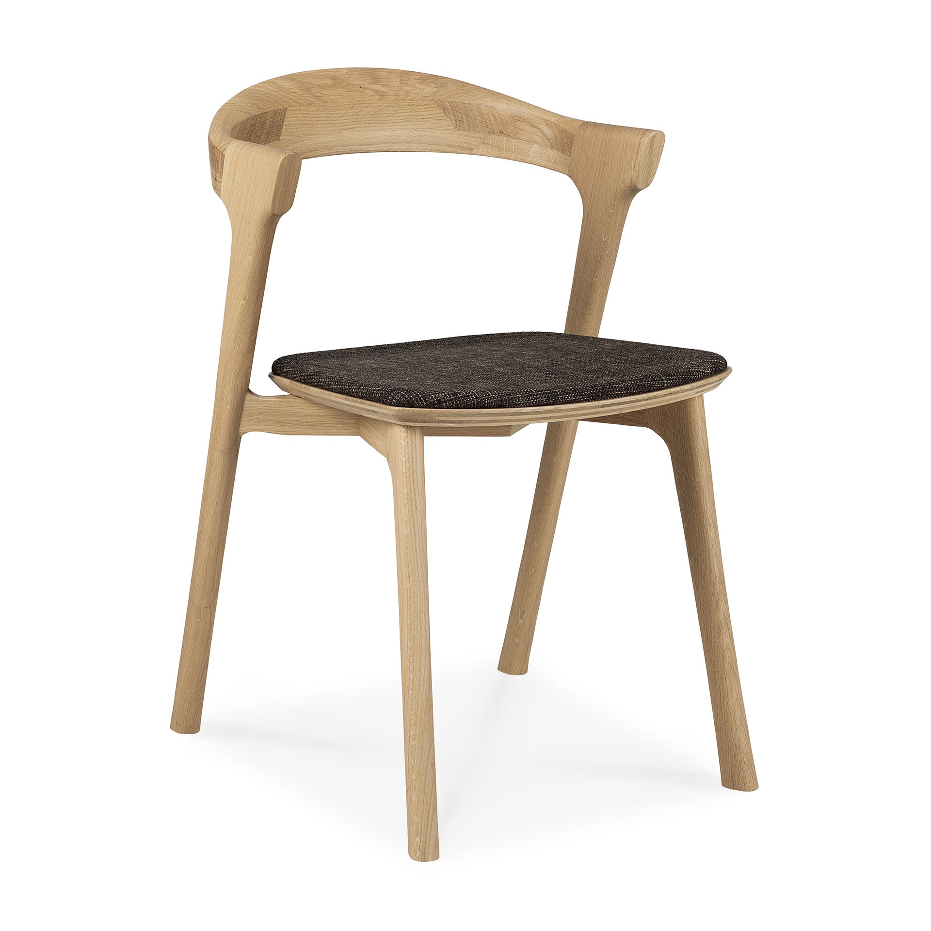 Chaise de salle à manger sculpturale en chêne et tissu avec assise rembourrée