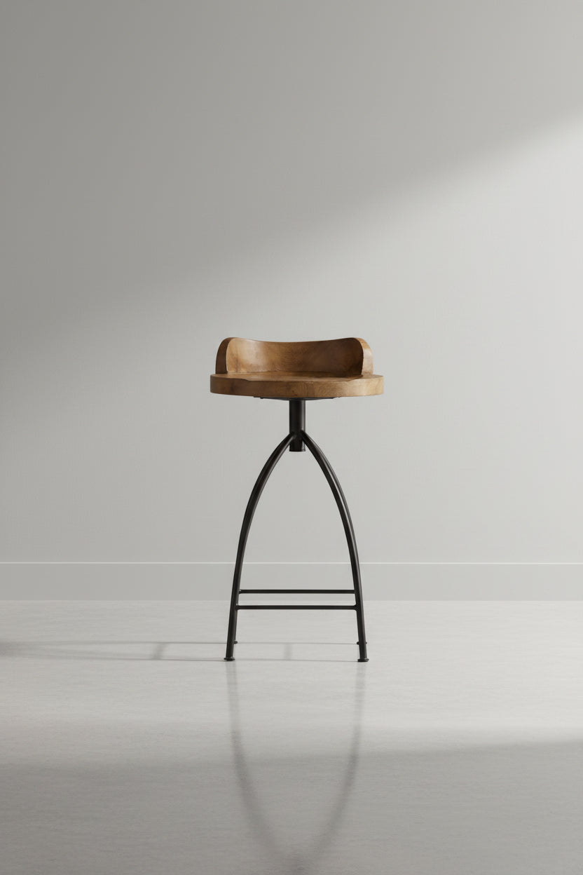 Tabouret de comptoir pivotant rustique en fer et bois avec finition antique sablée pour cuisine et salle à manger