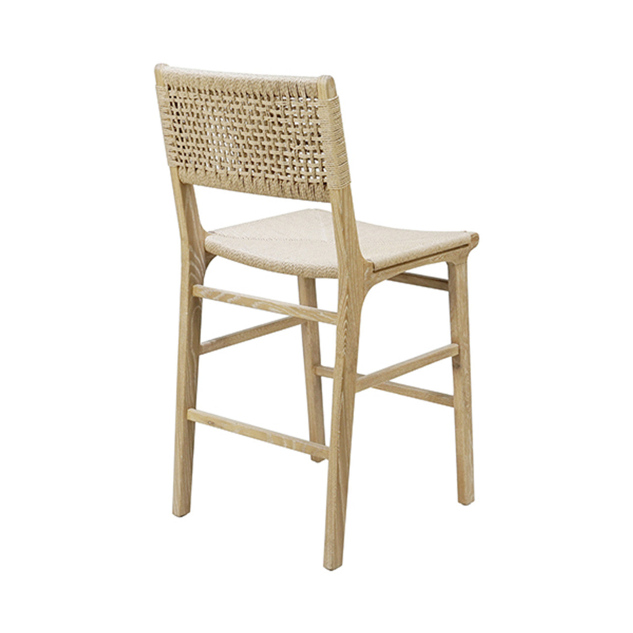 Tabouret de comptoir en chêne cérusé et jonc style ferme avec dossier tissé pour cuisine et salle à manger