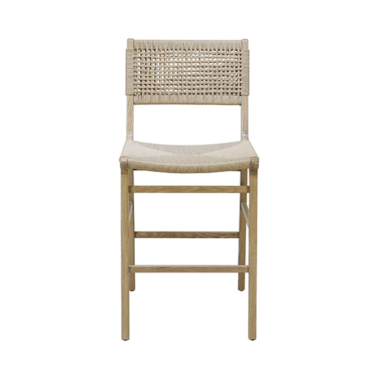 Tabouret de comptoir en chêne cérusé et jonc style ferme avec dossier tissé pour cuisine et salle à manger