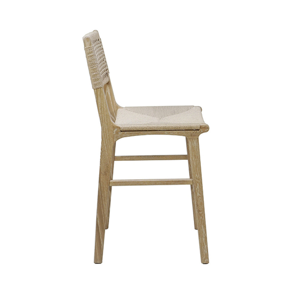 Tabouret de comptoir en chêne cérusé et jonc style ferme avec dossier tissé pour cuisine et salle à manger