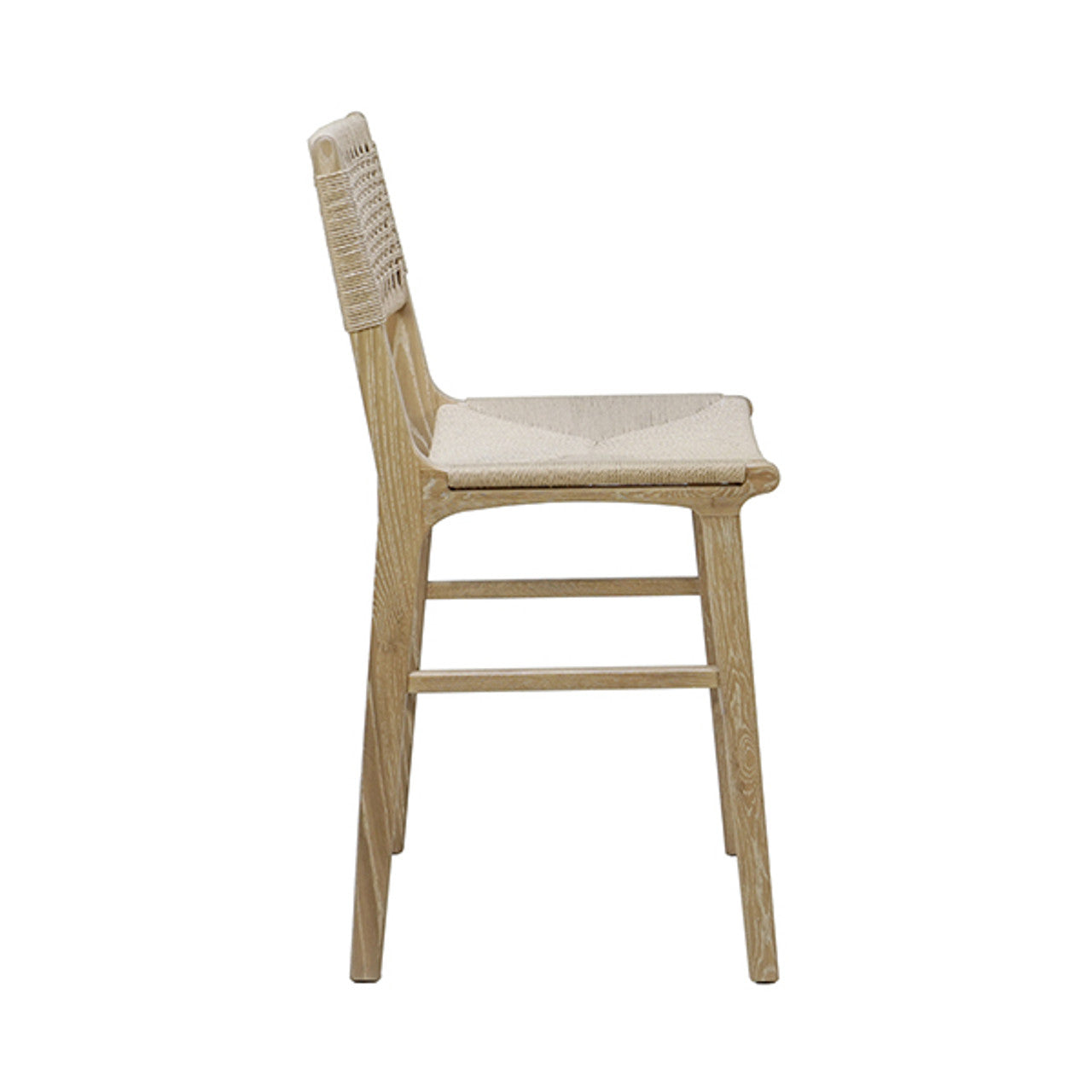 Tabouret de comptoir en chêne cérusé et jonc style ferme avec dossier tissé pour cuisine et salle à manger