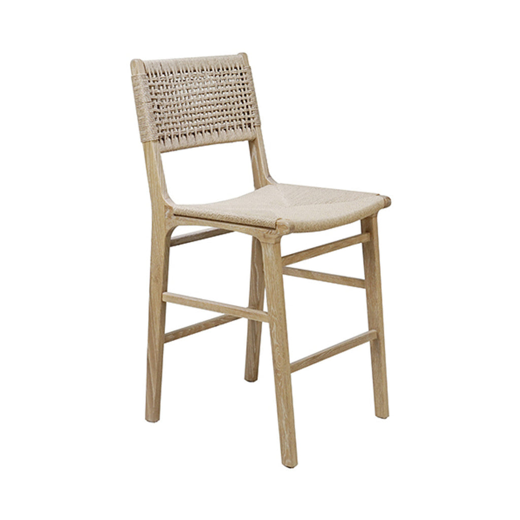 Tabouret de comptoir en chêne cérusé et jonc style ferme avec dossier tissé pour cuisine et salle à manger