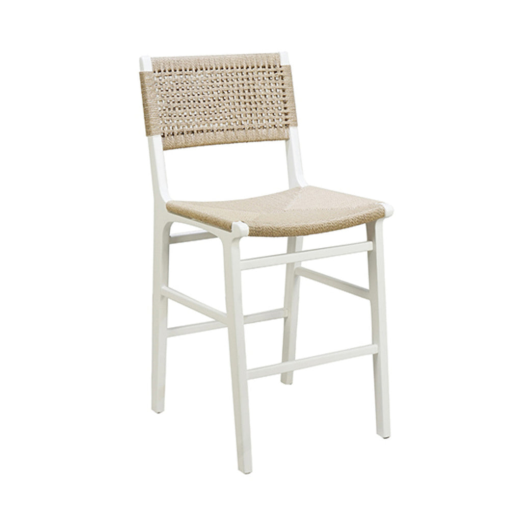 Tabouret de comptoir en chêne cérusé et jonc style ferme avec dossier tissé pour cuisine et salle à manger