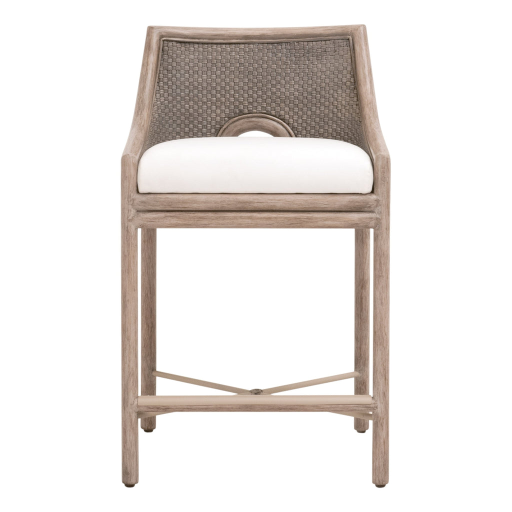 Tabouret de comptoir de transition en acajou et vannerie avec assise coussinée pour cuisine et salle à manger