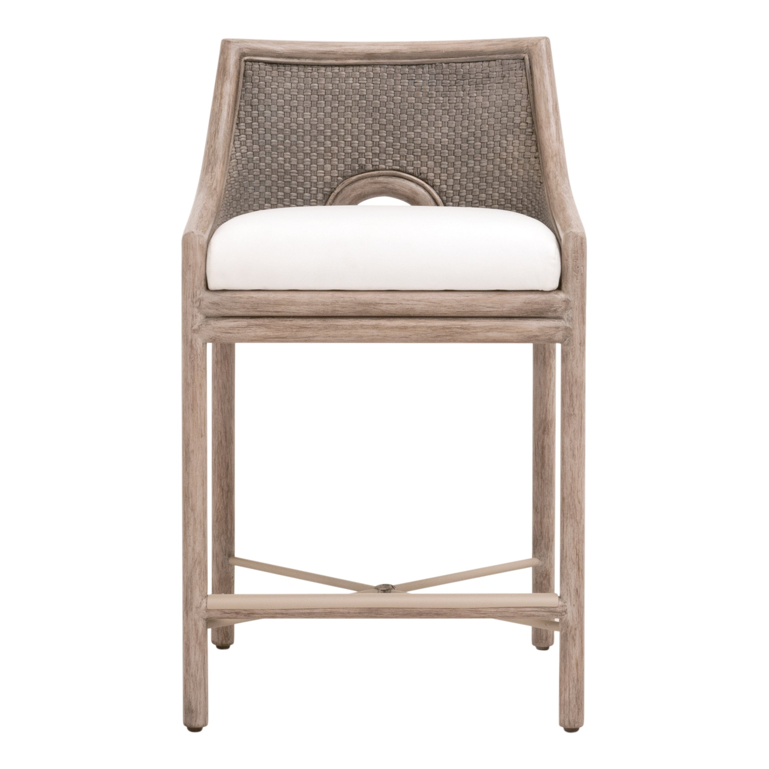 Tabouret de comptoir de transition en acajou et vannerie avec assise coussinée pour cuisine et salle à manger