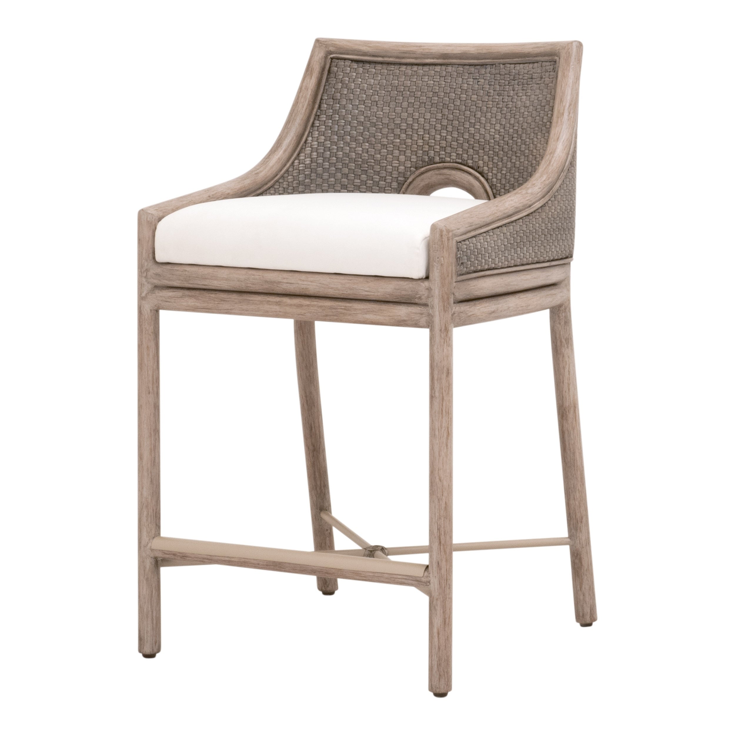 Tabouret de comptoir de transition en acajou et vannerie avec assise coussinée pour cuisine et salle à manger