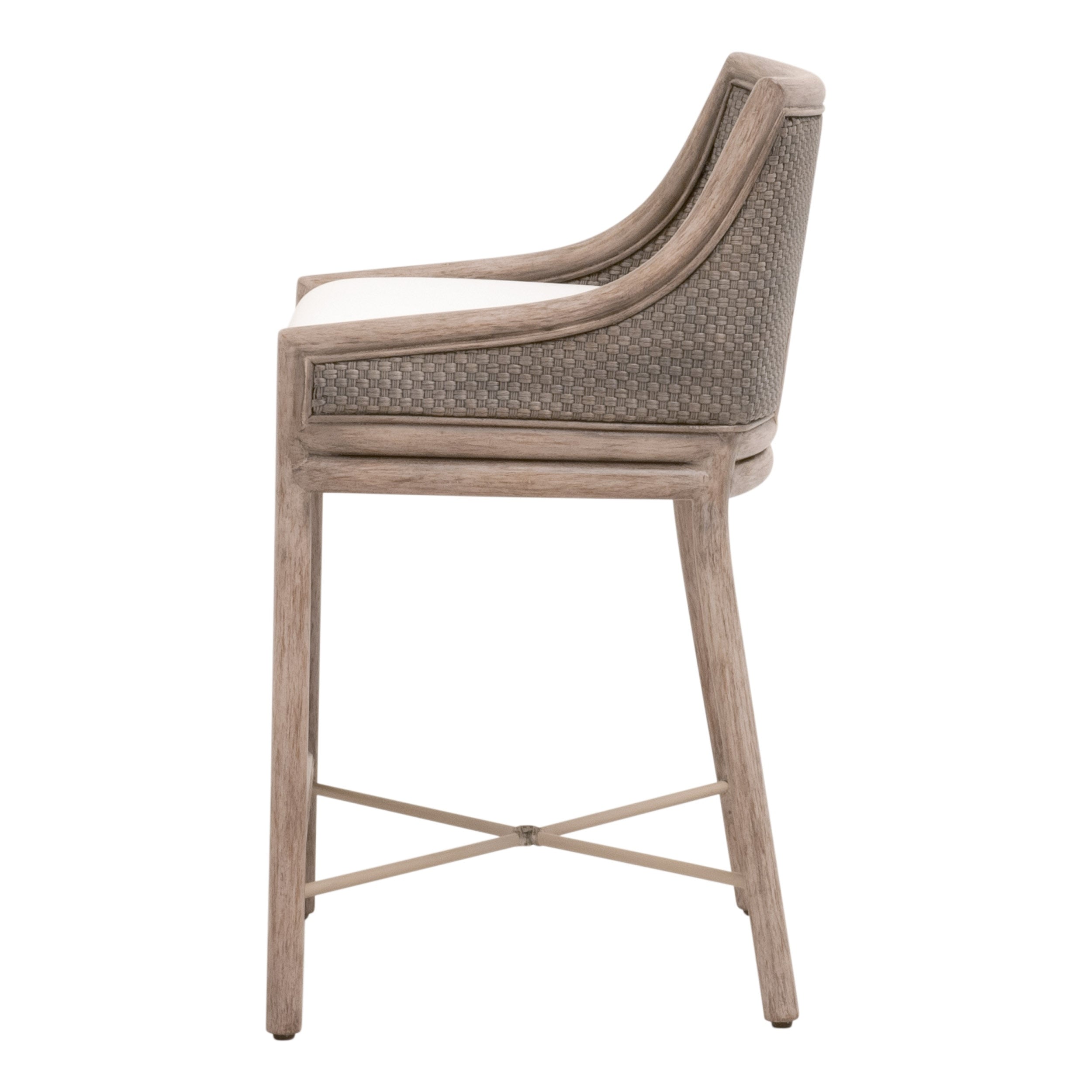Tabouret de comptoir de transition en acajou et vannerie avec assise coussinée pour cuisine et salle à manger