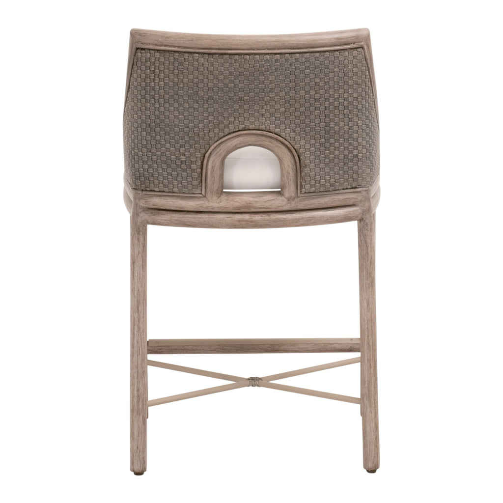 Tabouret de comptoir de transition en acajou et vannerie avec assise coussinée pour cuisine et salle à manger