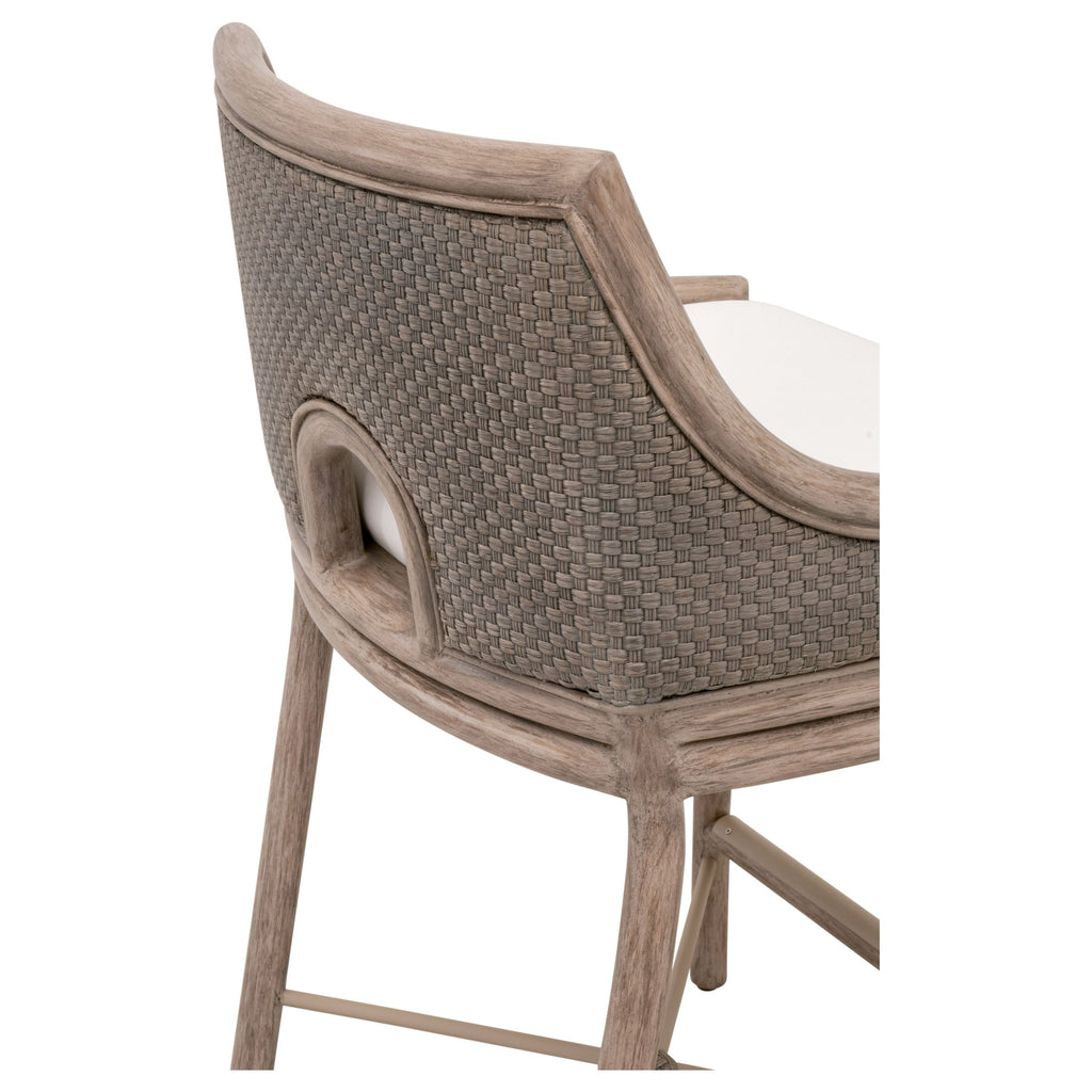 Tabouret de comptoir de transition en acajou et vannerie avec assise coussinée pour cuisine et salle à manger