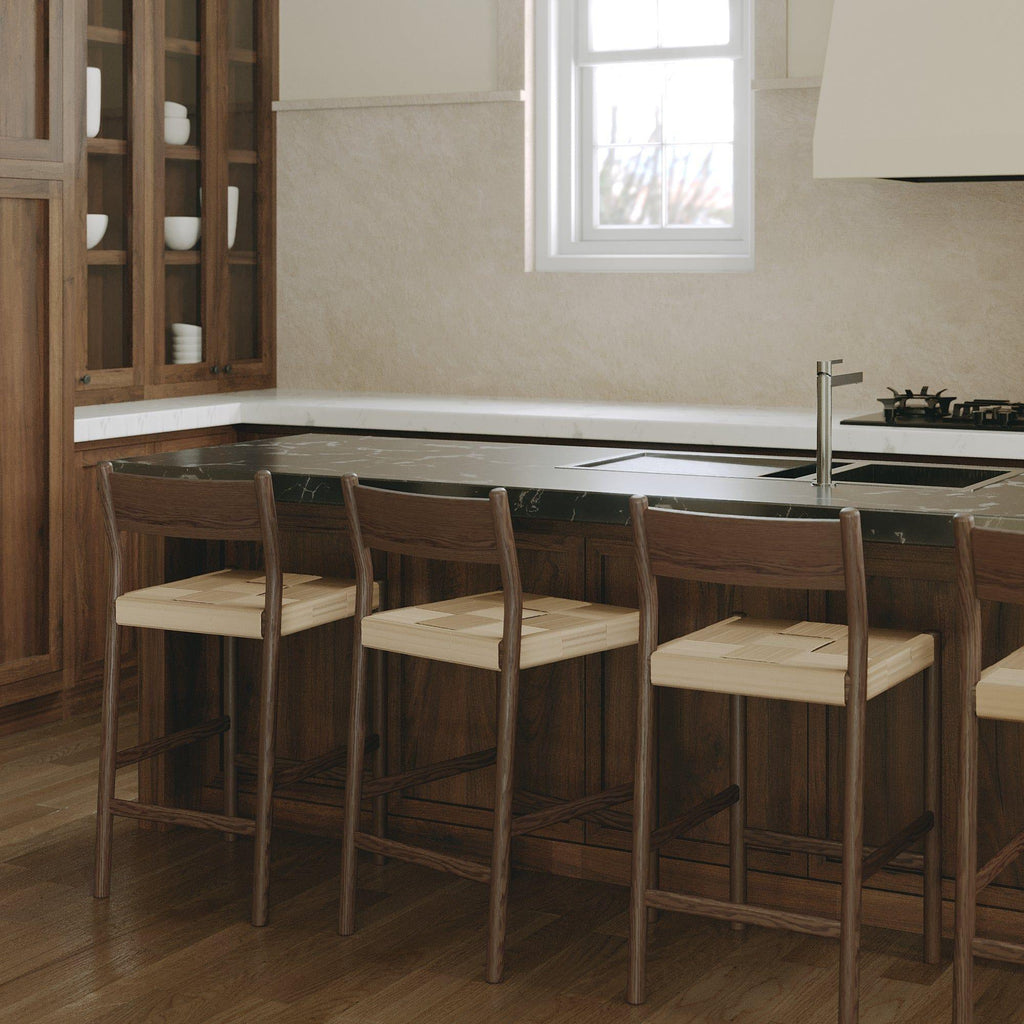 Tabouret de comptoir mi-siècle en chêne massif et corde danoise avec assise tressée pour cuisine et salle à manger