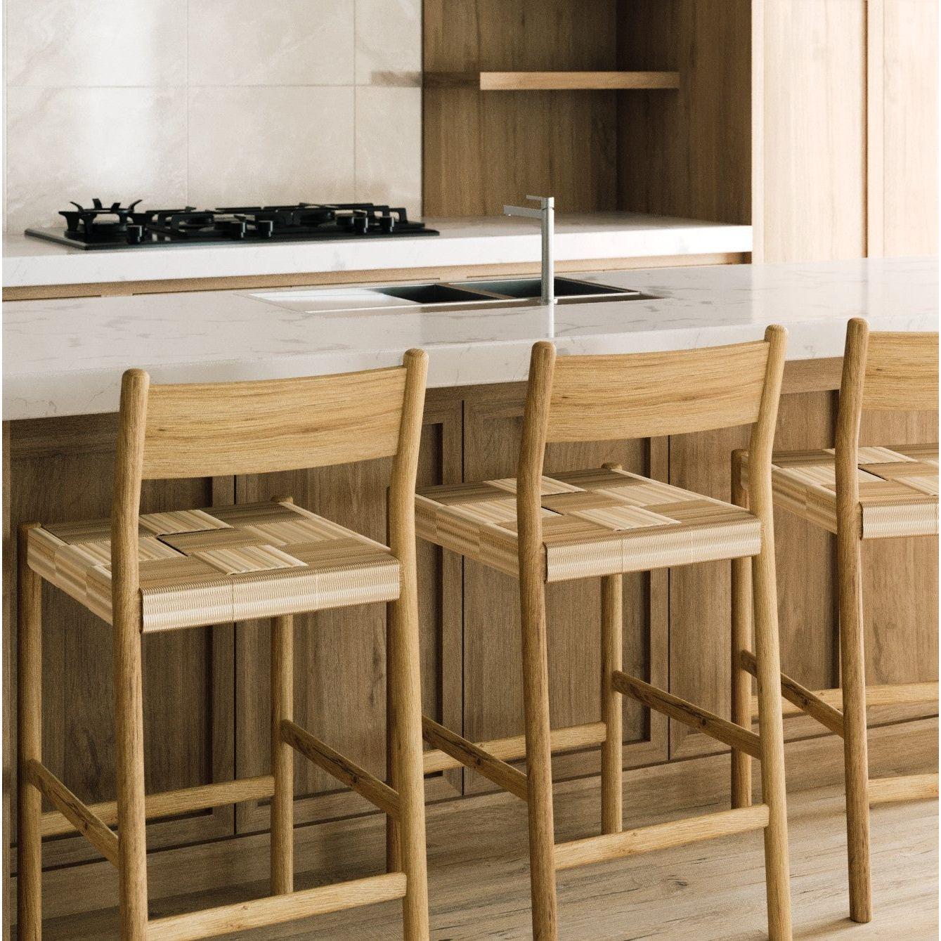 Tabouret de comptoir mi-siècle en chêne massif et corde danoise avec assise tressée pour cuisine et salle à manger