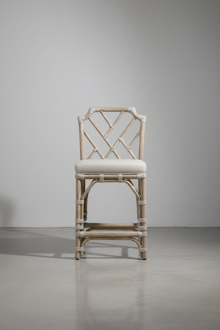 Tabouret de comptoir Coastal Mahogany et corde taupe avec dossier tissé et coussin en oléfine pour cuisine et salle à manger