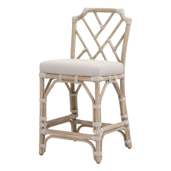 Tabouret de comptoir Coastal Mahogany et corde taupe avec dossier tissé et coussin en oléfine pour cuisine et salle à manger