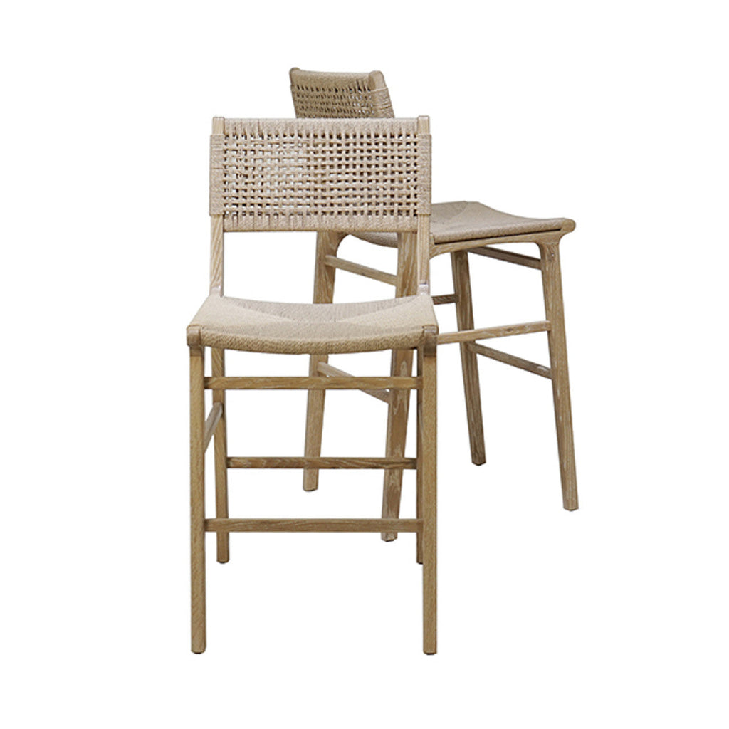 Tabouret de bar de ferme en chêne cérusé et jonc avec dossier tressé pour cuisine et salle à manger