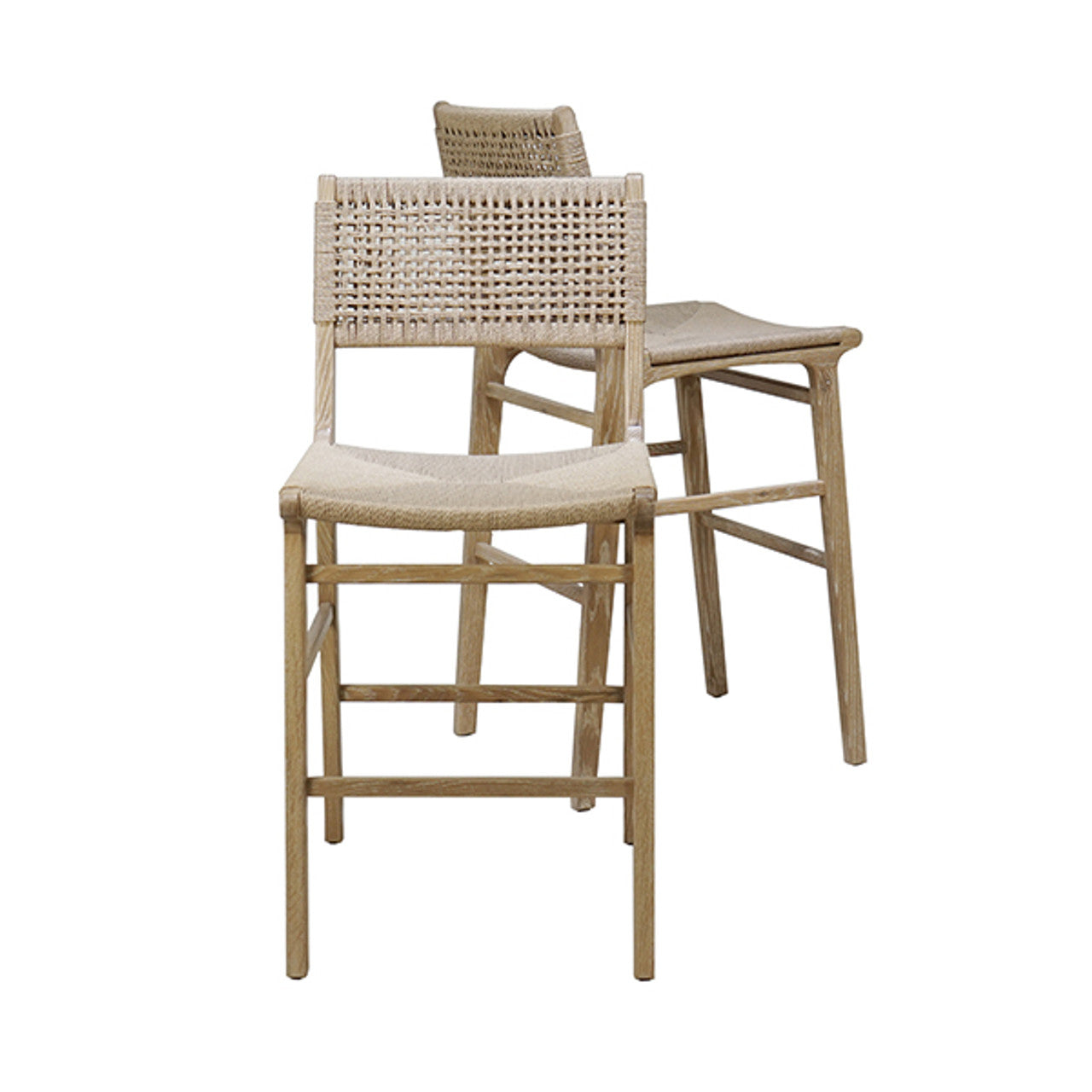 Tabouret de bar de ferme en chêne cérusé et jonc avec dossier tressé pour cuisine et salle à manger