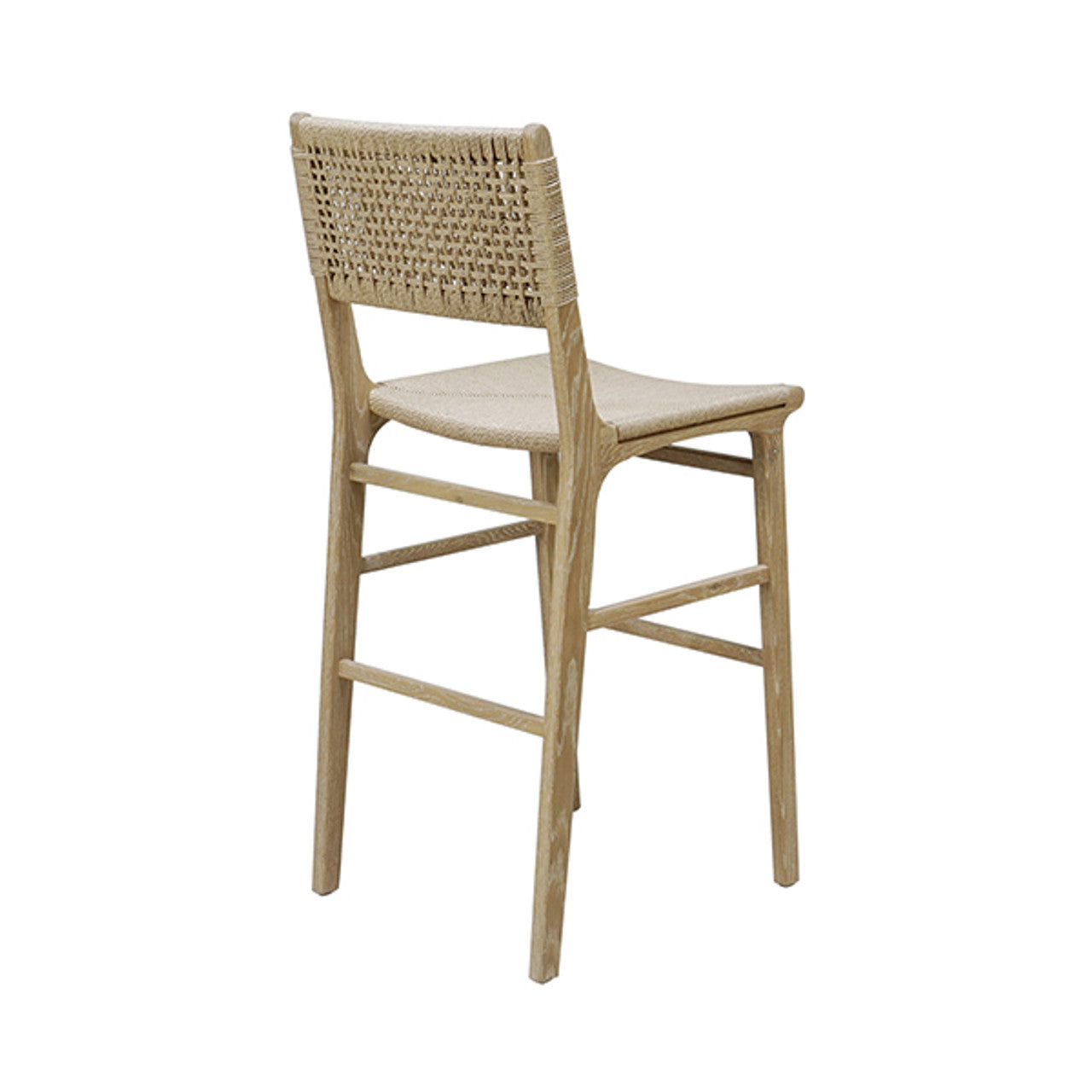 Tabouret de bar de ferme en chêne cérusé et jonc avec dossier tressé pour cuisine et salle à manger