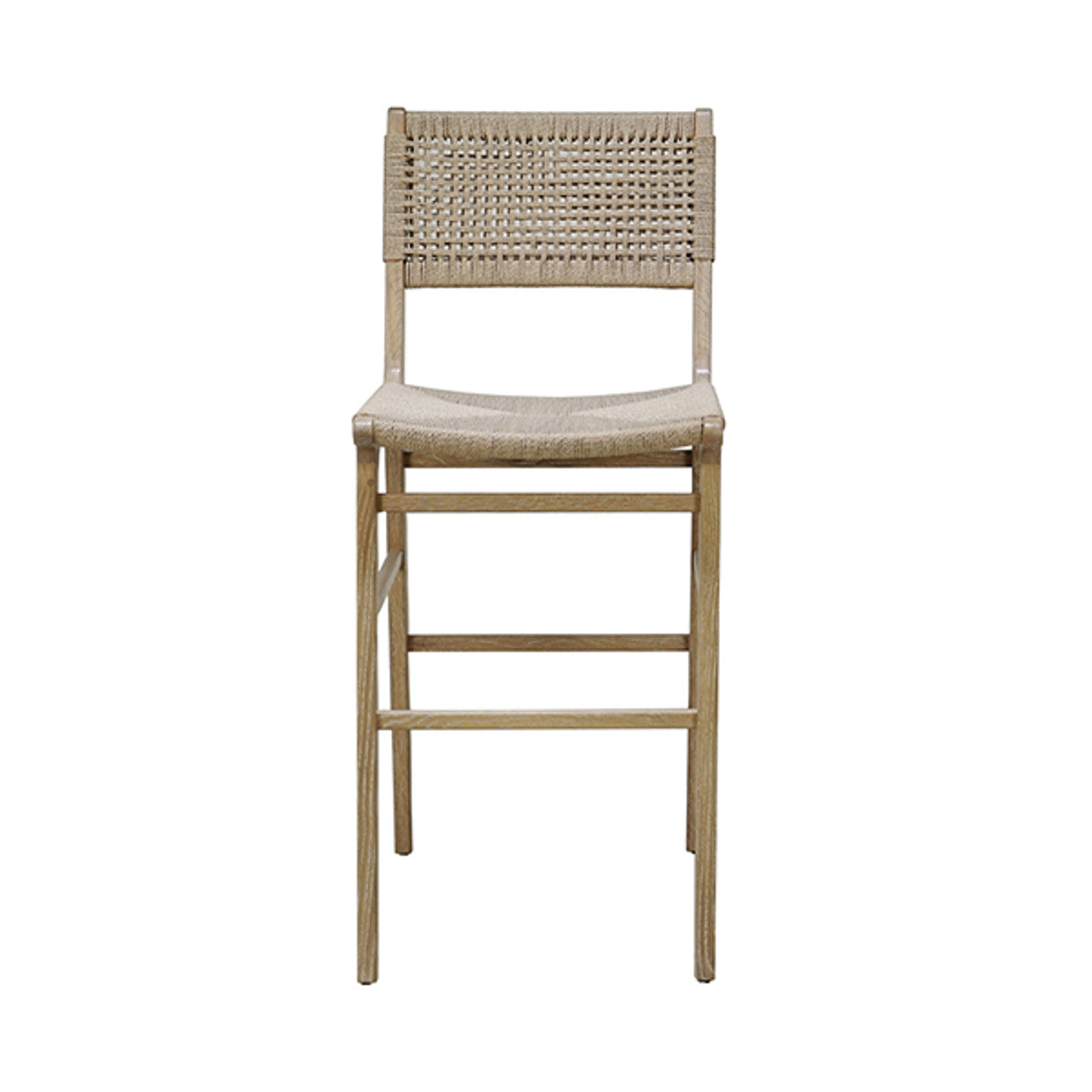 Tabouret de bar de ferme en chêne cérusé et jonc avec dossier tressé pour cuisine et salle à manger