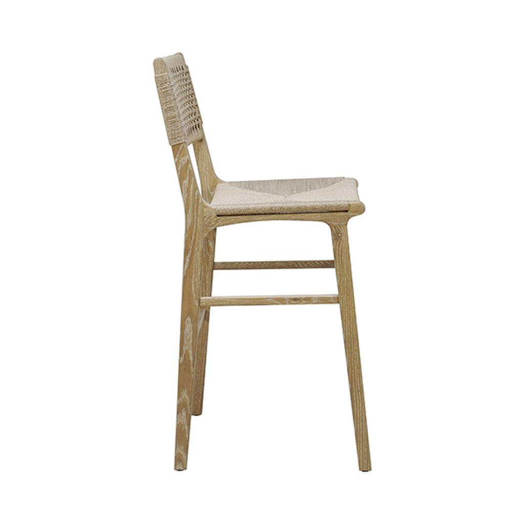 Tabouret de bar de ferme en chêne cérusé et jonc avec dossier tressé pour cuisine et salle à manger