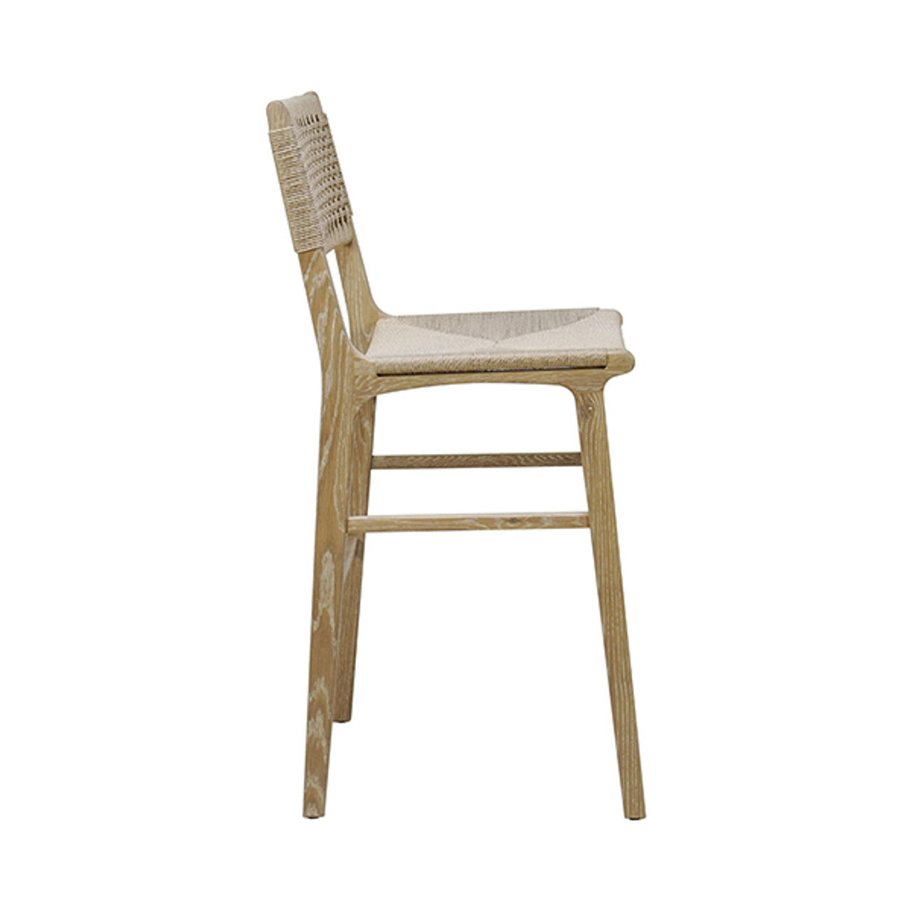 Tabouret de bar de ferme en chêne cérusé et jonc avec dossier tressé pour cuisine et salle à manger