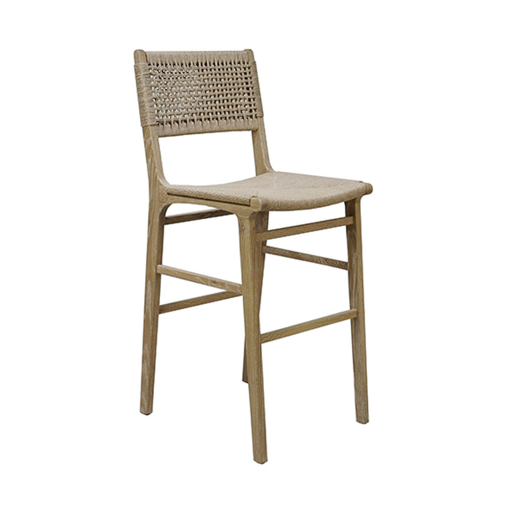 Tabouret de bar de ferme en chêne cérusé et jonc avec dossier tressé pour cuisine et salle à manger