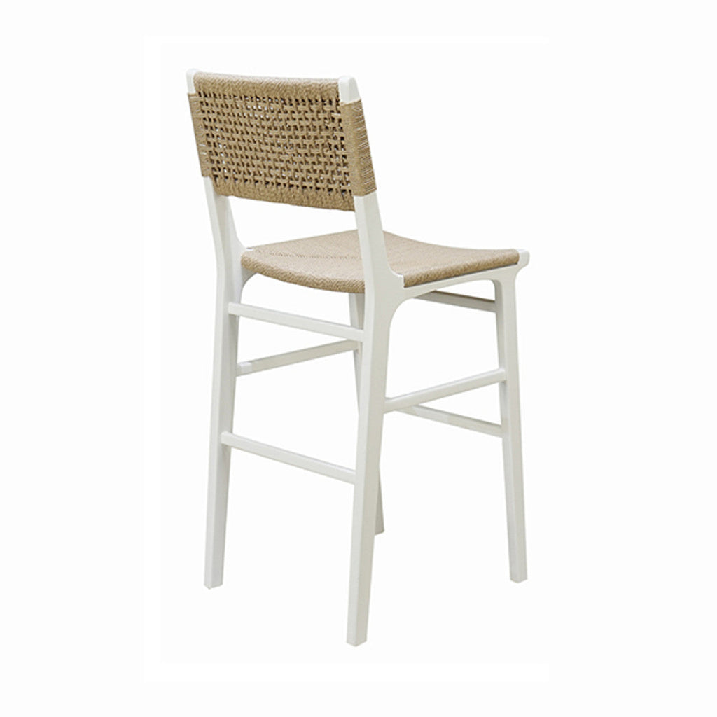 Tabouret de bar de ferme en chêne cérusé et jonc avec dossier tressé pour cuisine et salle à manger