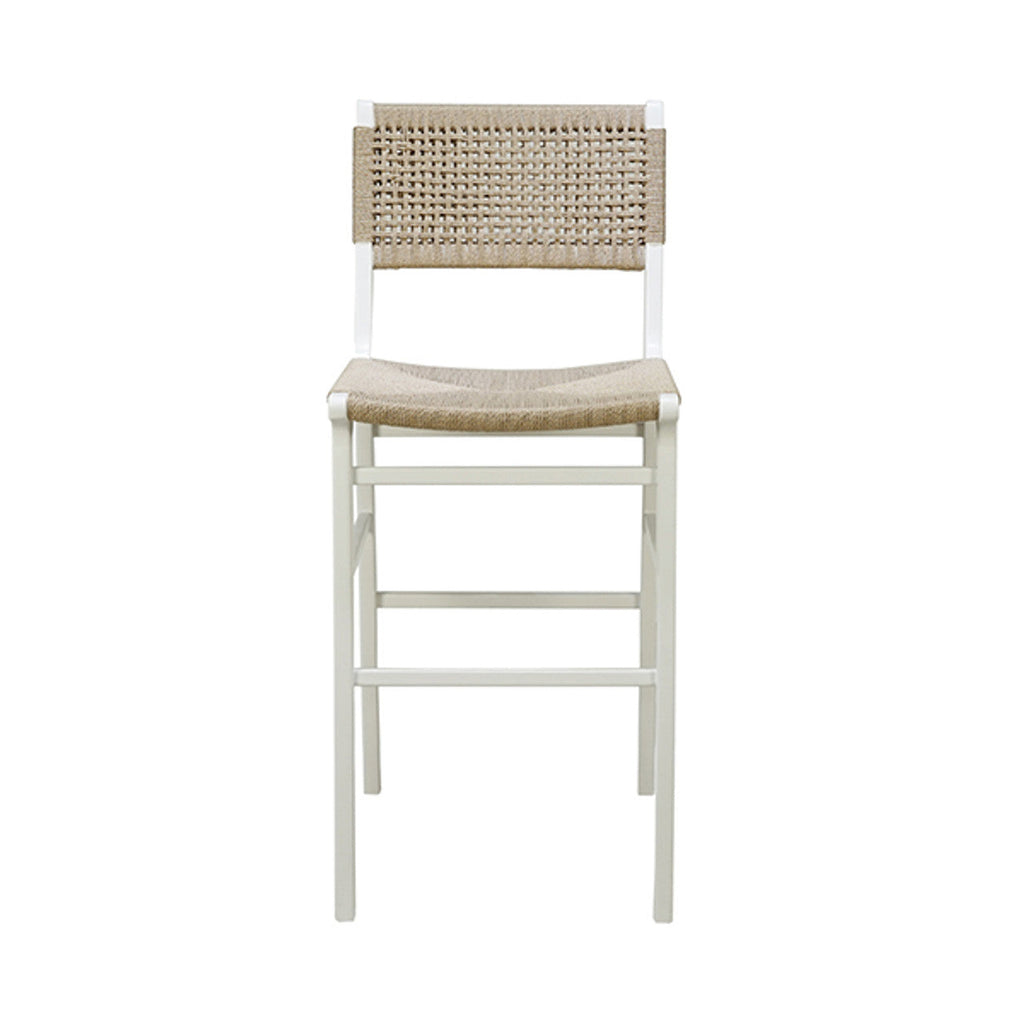 Tabouret de bar de ferme en chêne cérusé et jonc avec dossier tressé pour cuisine et salle à manger